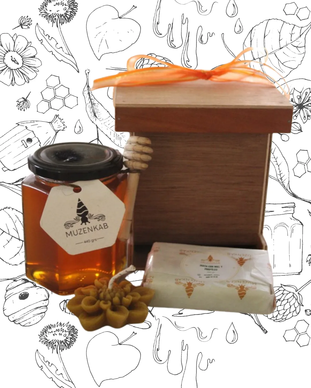 CAJA DE COLMENA CON MIEL 440 GR/JABÓN 50 GR/ VELA 20 GR