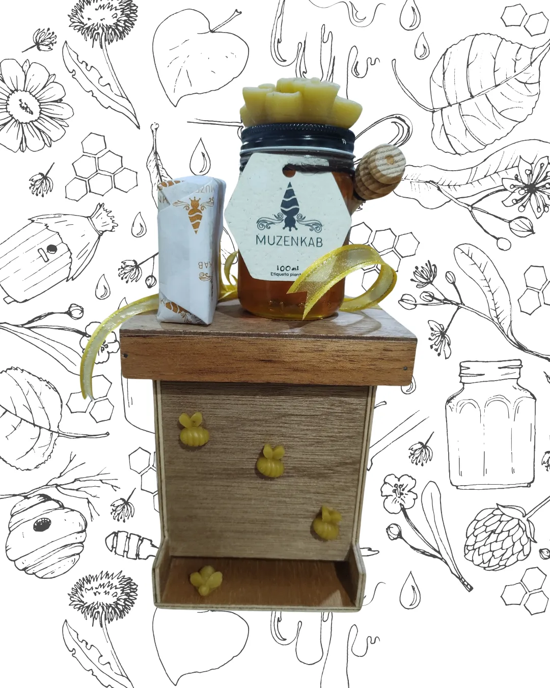 CAJA DE COLMENA CON MIEL 100 GR/JABÓN 100 GR/ VELA 20 GR